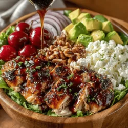 As the warm sun ushers in the vibrant flavors of summer, there's no better way to celebrate the season than with a refreshing Cherry & Chicken Salad Bowl. This recipe artfully combines juicy, fresh cherries with tender chicken breast, creamy feta cheese, and crunchy walnuts, all elegantly resting on a bed of mixed greens. Not only is this salad a feast for the palate, but it also boasts a visually appealing presentation that makes it perfect for a variety of occasions—from a light lunch to a satisfying dinner or even a delightful snack.