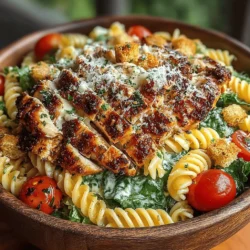 Salads are often seen as light, side dishes, but the Grilled Chicken Caesar Pasta Salad flips this notion on its head, transforming a classic Caesar salad into a heartier, more satisfying meal. This innovative recipe fuses the creamy, tangy essence of Caesar dressing with the comforting texture of pasta and the smoky flavors of grilled chicken. Ideal for summer cookouts, potlucks, or even a quick weeknight dinner, this dish is not only simple to prepare but also brimming with fresh ingredients that make each bite a burst of flavor. Whether you’re hosting a barbecue or simply looking to elevate your lunch routine, this salad is versatile enough to fit any occasion.